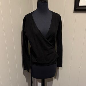 Damo V Neck Classic Preppy Minimal Black Wrap Sweater with Waist Ties